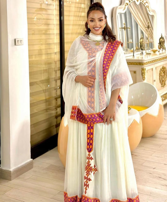 Vibrant Habesha Kemis with Red Tibeb – Modern Ethiopian Dress