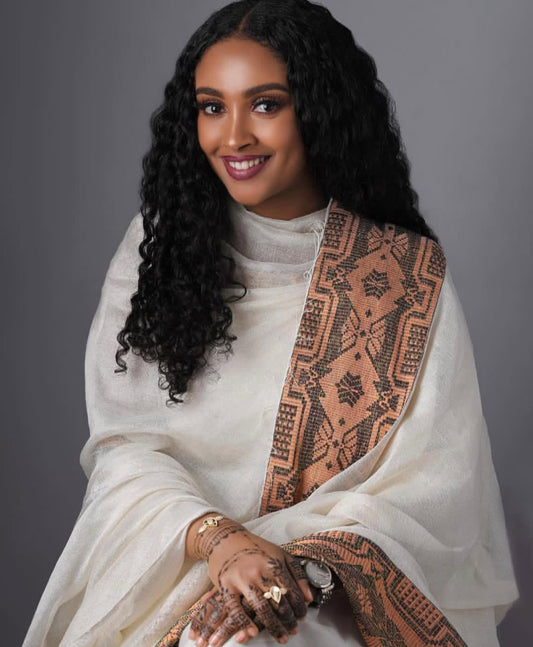 Colorful Habesha Dress with Orange Tibeb – Handmade Ethiopian Dress for Celebrations