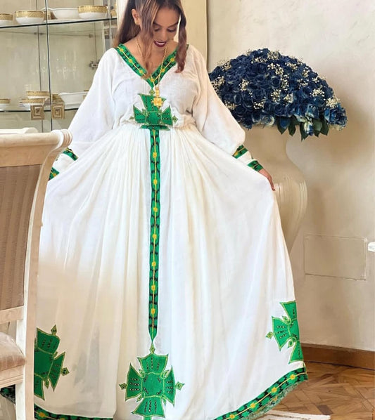 Traditional Ethiopian Dress with Green Tibeb – Authentic Handwoven Habesha Kemis