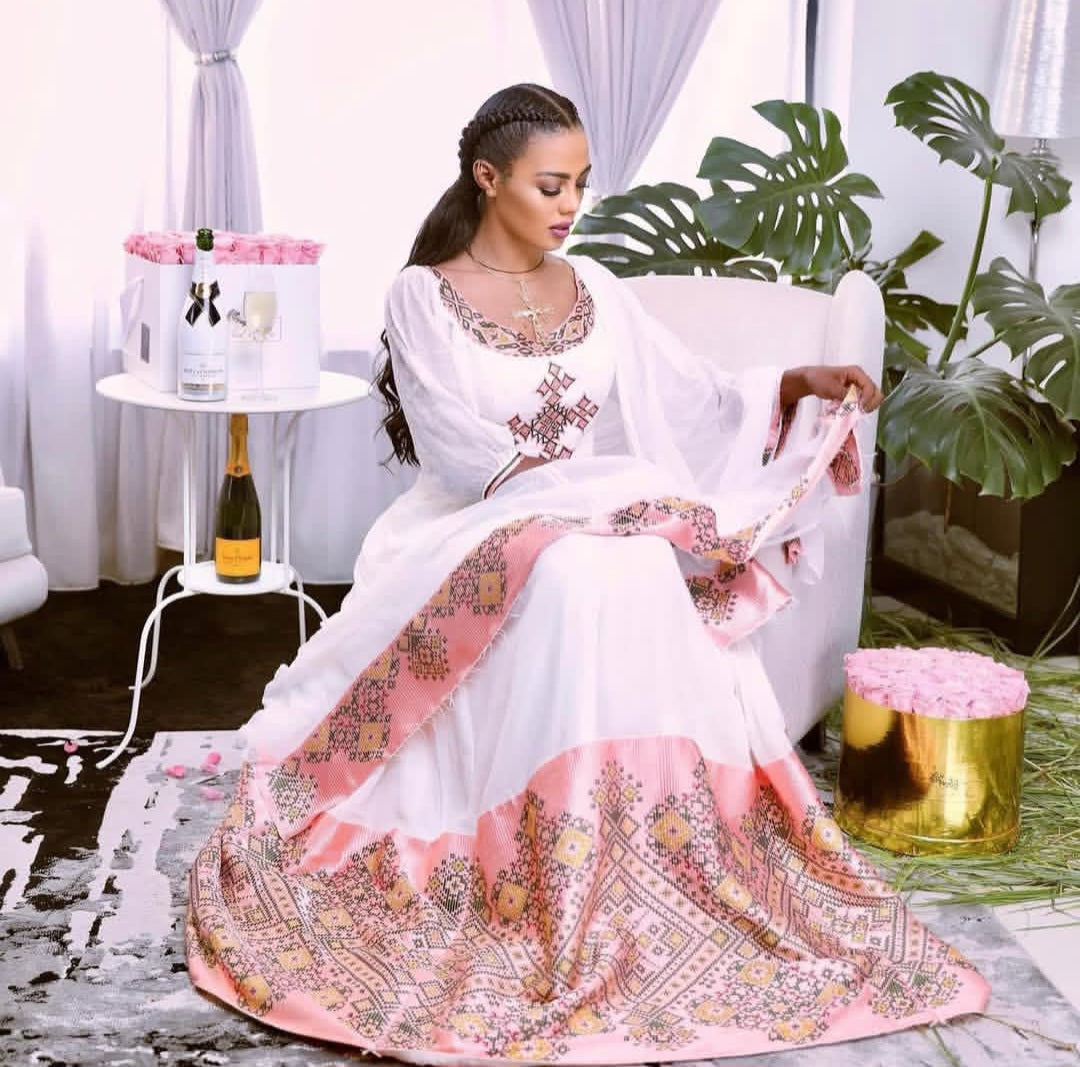Elegant Ethiopian Wedding Dress – White Habesha Kemis with Pink Tibeb