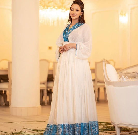 Serene Habesha Kemis with Blue Tibeb – Authentic Ethiopian Wedding Dress