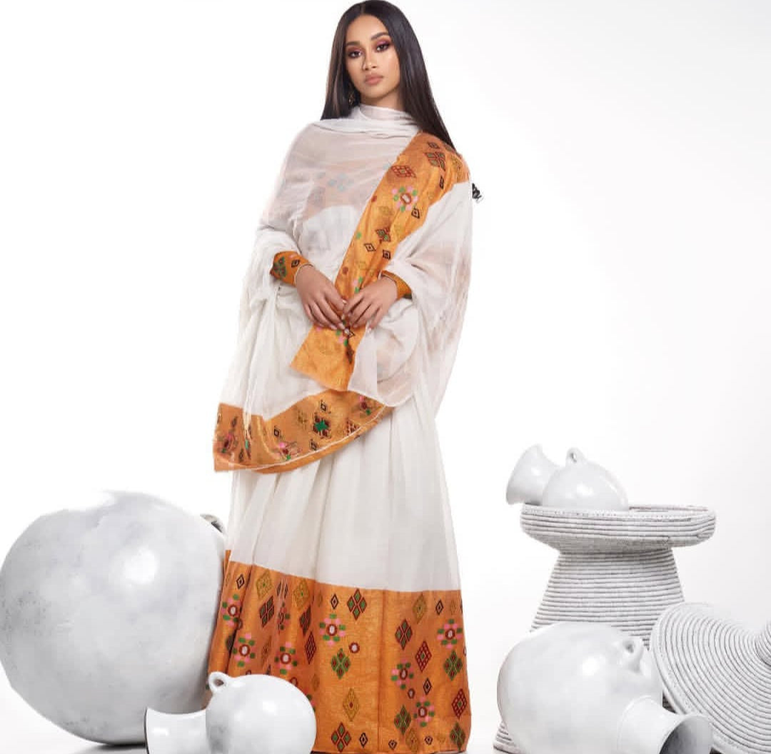Classic Ethiopian Dress with Orange Tibeb – Handcrafted Habesha Kemis