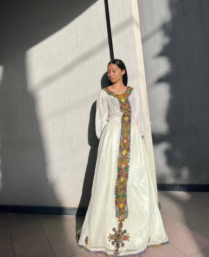 Dazzling Habesha Dress with Multi-color Tibeb – Ethiopian Cultural Gown