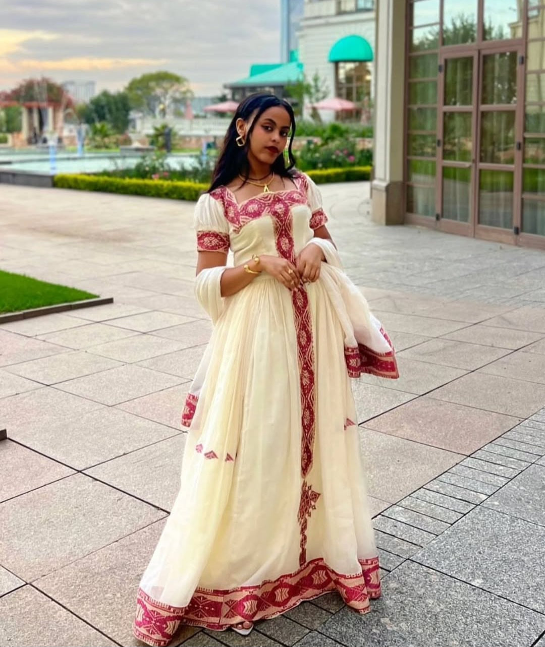 Elegant Habesha Dress – Classic Ethiopian Kemis with Rich Dark Red Tibeb