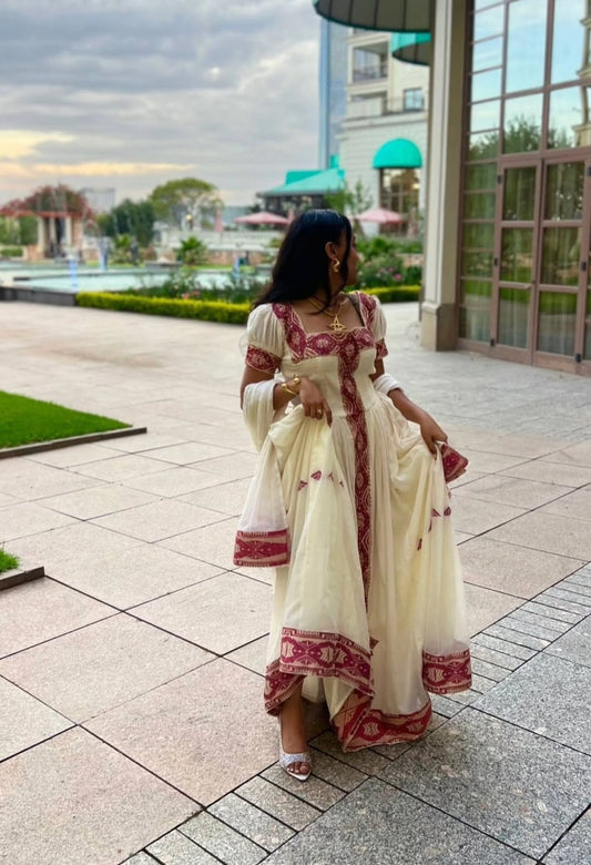 Elegant Habesha Dress β Classic Ethiopian Kemis with Rich Dark Red Tibeb