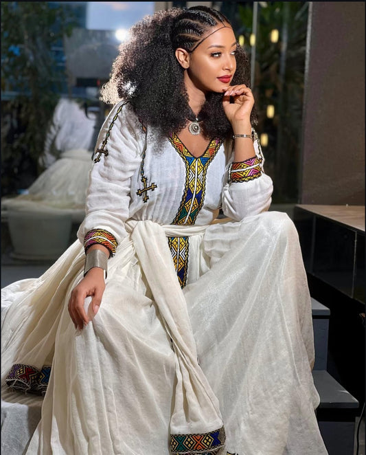 Colorful Habesha Dress with Multicolor Cross Tibeb β Handmade Ethiopian Dress