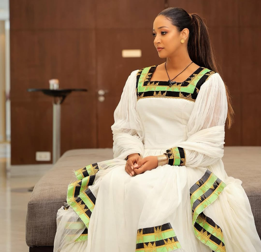 Modern Habesha Kemis with Green Tibeb – Stylish Ethiopian Dress