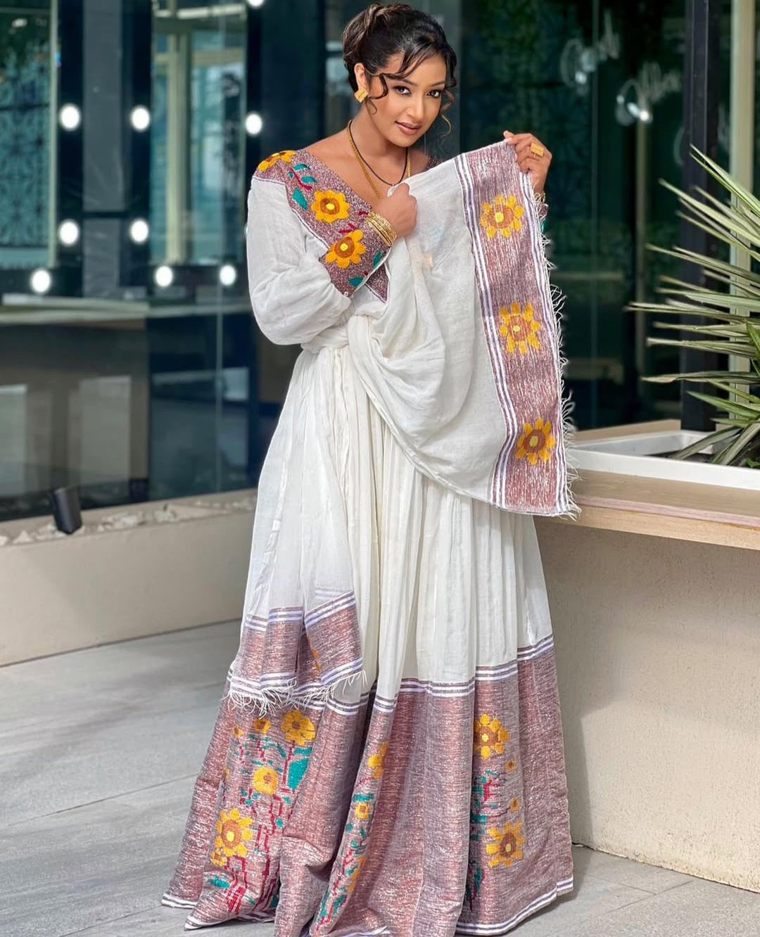 Modern Habesha Kemis with purple Floral Tibeb – Handmade Ethiopian Dress