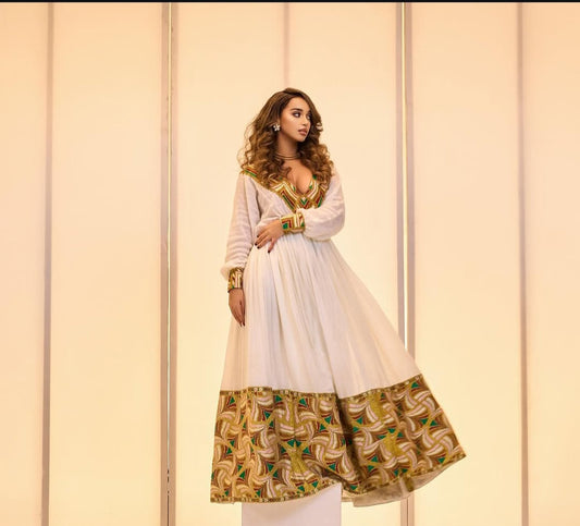 Exquisite Habesha Dress with gold Tibeb β Handwoven Ethiopian Dress