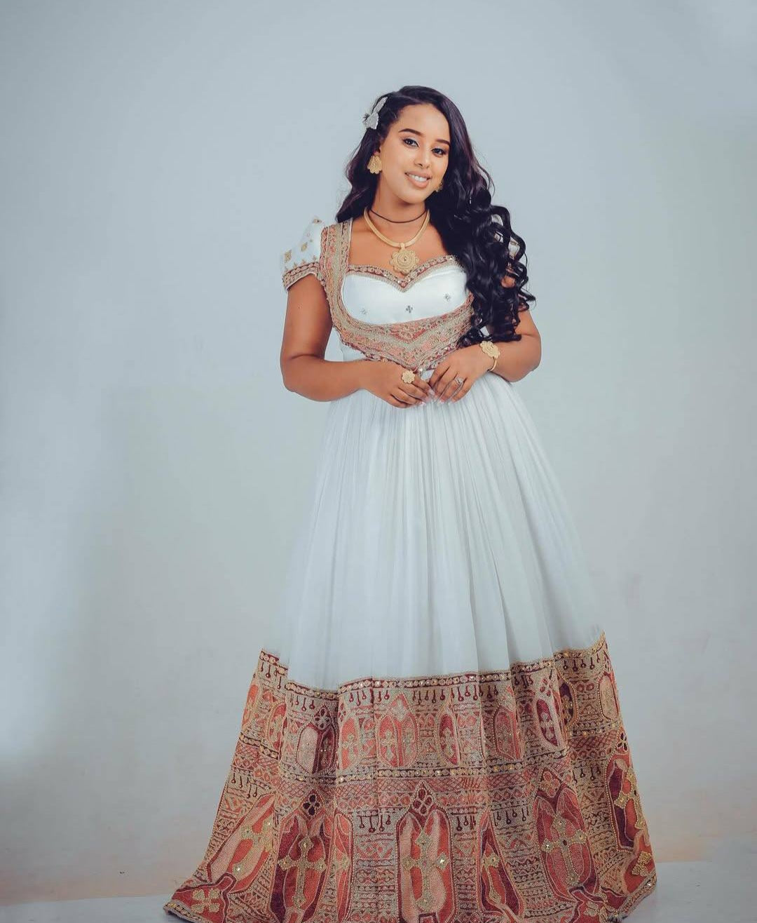 Elegant Wedding Dress with red Tibeb – Ethiopian Traditional Dress