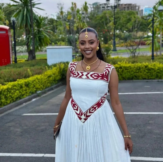 Chic Habesha Dress with purple Tibeb – Modern Ethiopian Traditional Dress