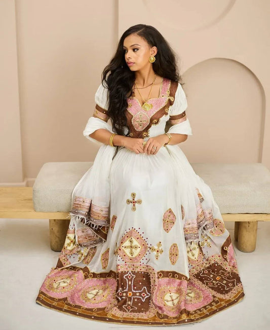 Regal Habesha Kemis with Brown Tibeb β Ethiopian Wedding Dress Style