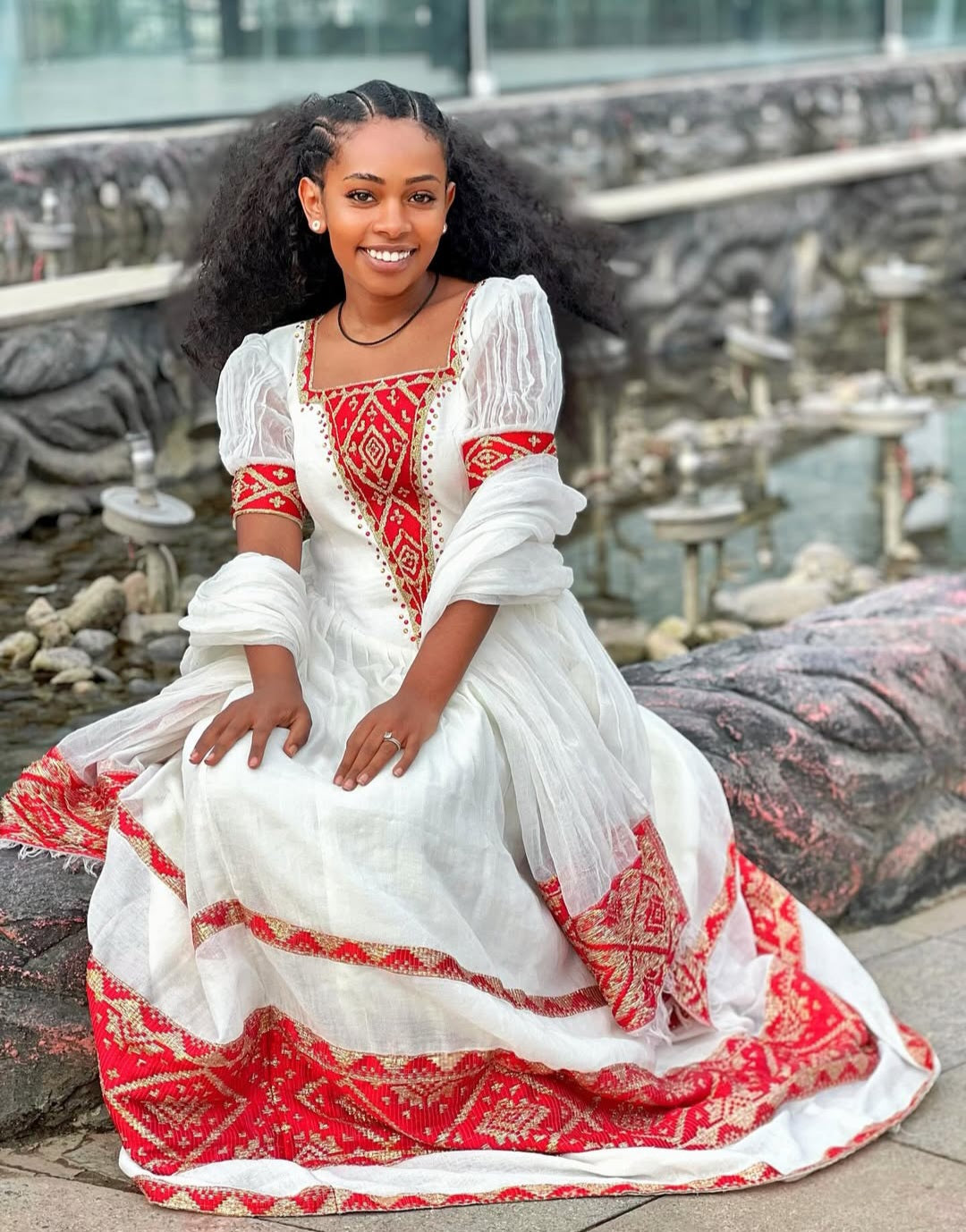 Classic Habesha Dress with Red Tibeb – Authentic Ethiopian Traditional Dress