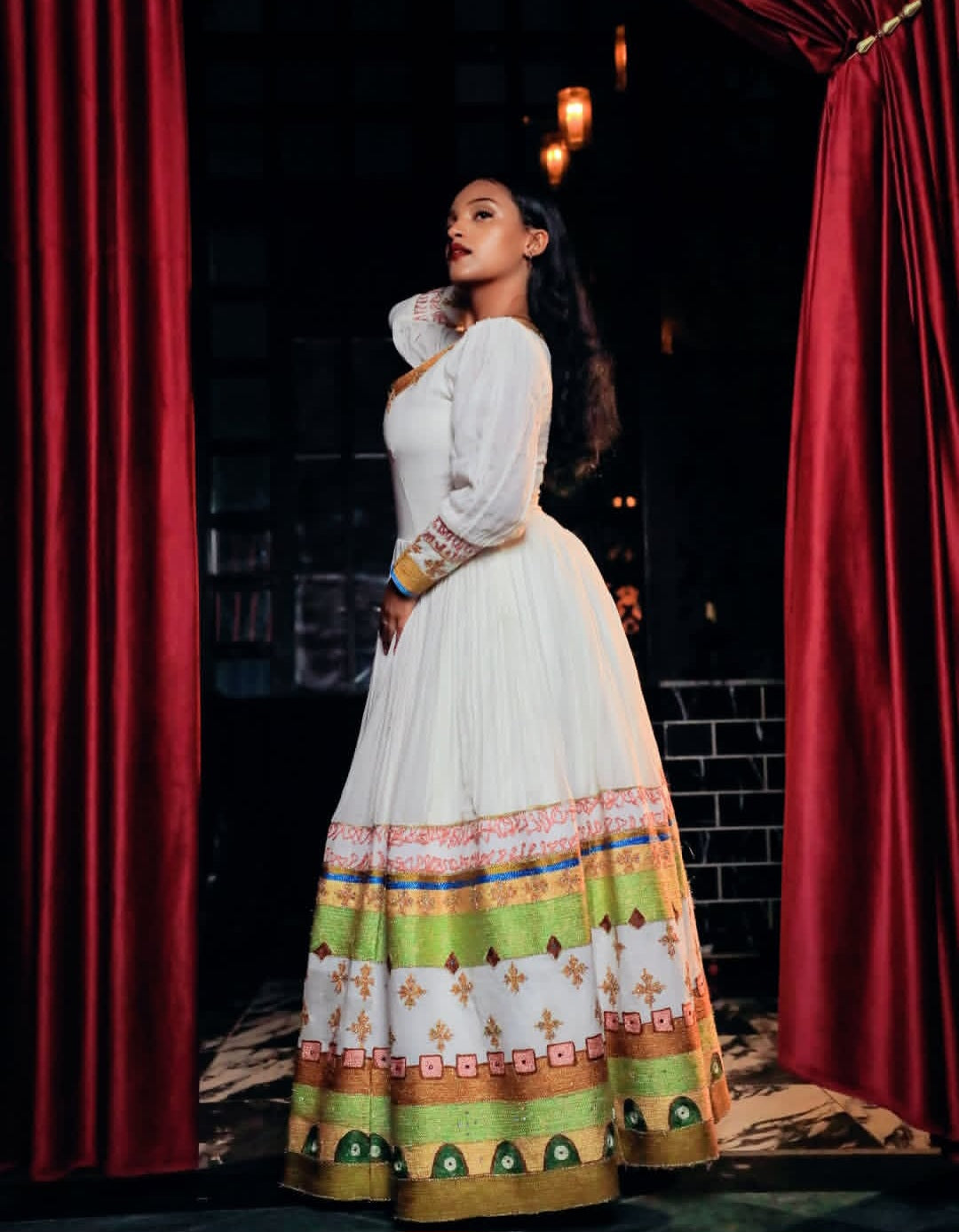 Elegant Ethiopian Wedding Dress with green Tibeb – White Habesha Kemis