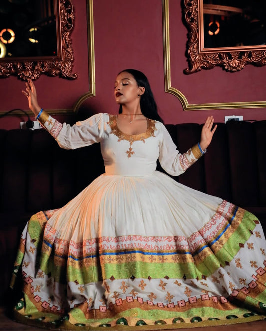 Elegant Ethiopian Wedding Dress with green Tibeb β White Habesha Kemis