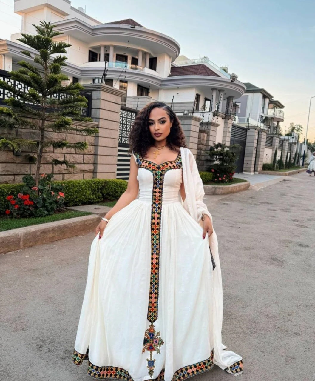 White Habesha Kemis with Vibrant Tibeb – Modern Ethiopian Traditional Dress