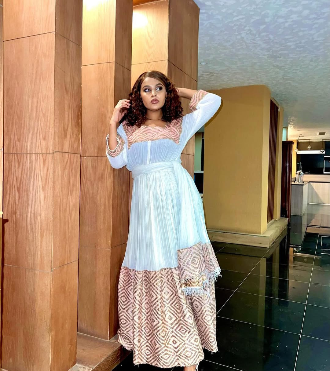 Modern Habesha Kemis with pink Tibeb – Stylish Ethiopian Dress for Everyday or Events