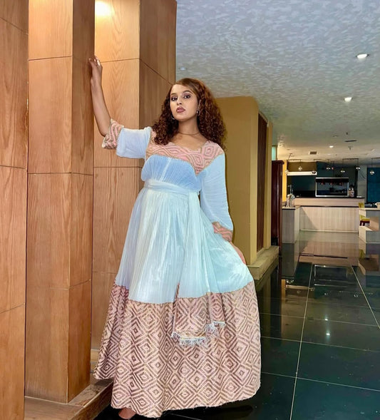 Modern Habesha Kemis with pink Tibeb β Stylish Ethiopian Dress for Everyday or Events