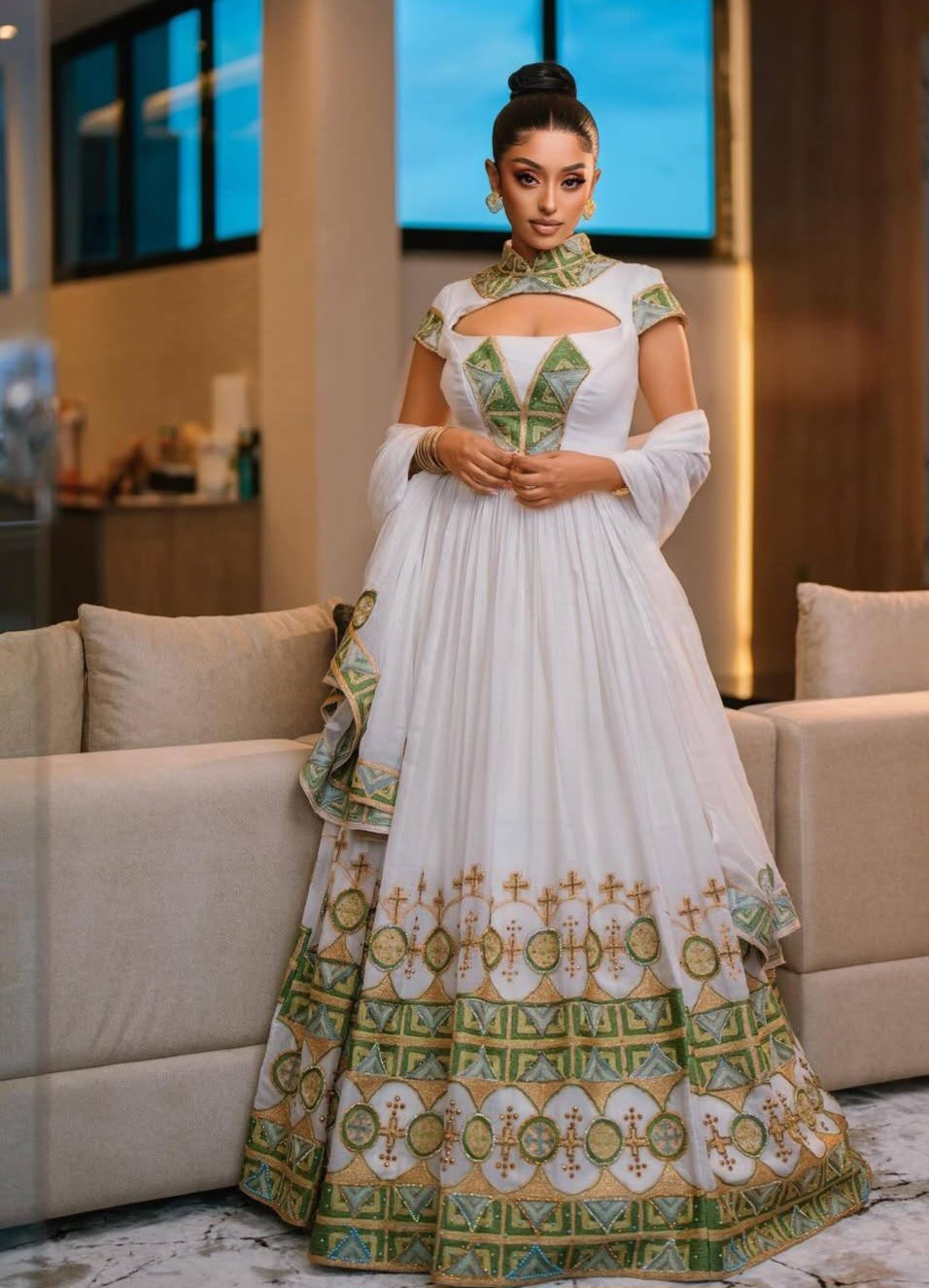 Stunning Habesha Wedding Dress with Green Tibeb – Elegant Ethiopian Bridal Kemis