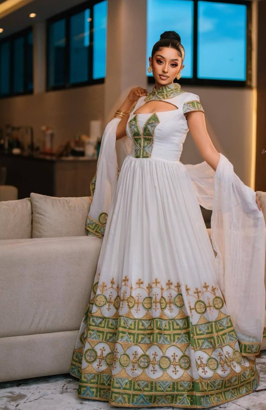 Stunning Habesha Wedding Dress with Green Tibeb – Elegant Ethiopian Bridal Kemis