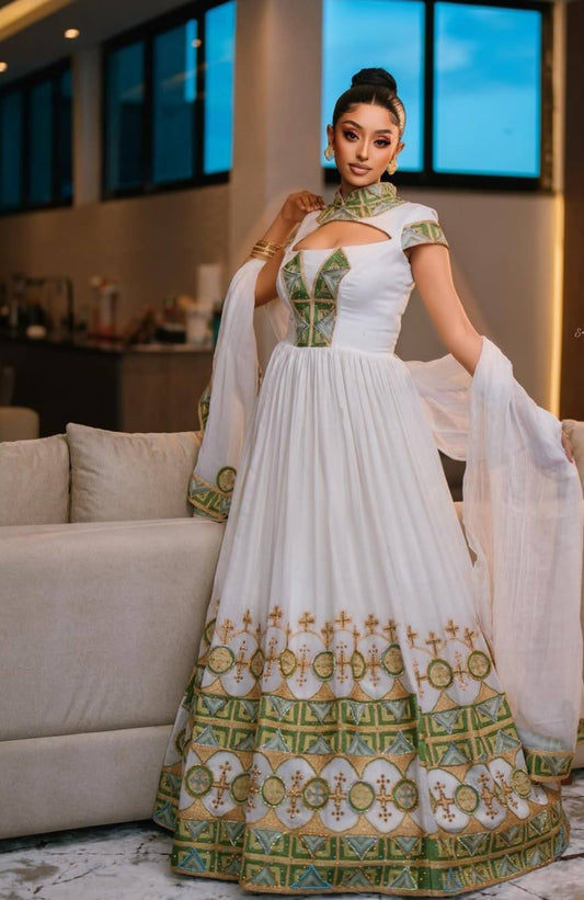Stunning Habesha Wedding Dress with Green Tibeb β Elegant Ethiopian Bridal Kemis