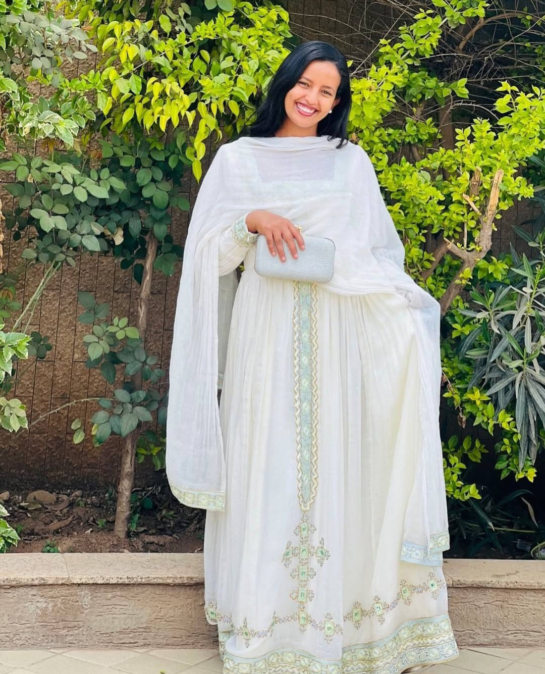 Classic White Ethiopian Dress with Green Tibeb – Authentic Habesha Kemis
