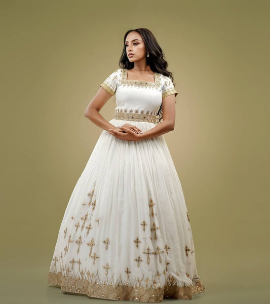White Habesha Dress with Golden Tibeb β Elegant Ethiopian Traditional Kemis