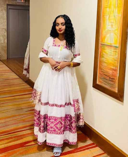 Beautiful white Habesha Wedding Dress with Purple Tibeb β Regal Ethiopian Dress
