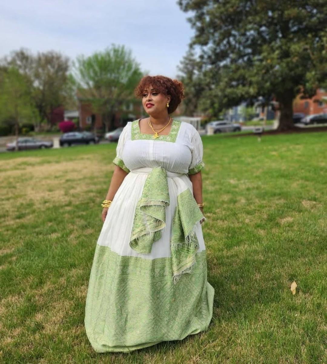 Green & White Habesha Dress – Comfortable Ethiopian Traditional Kemis