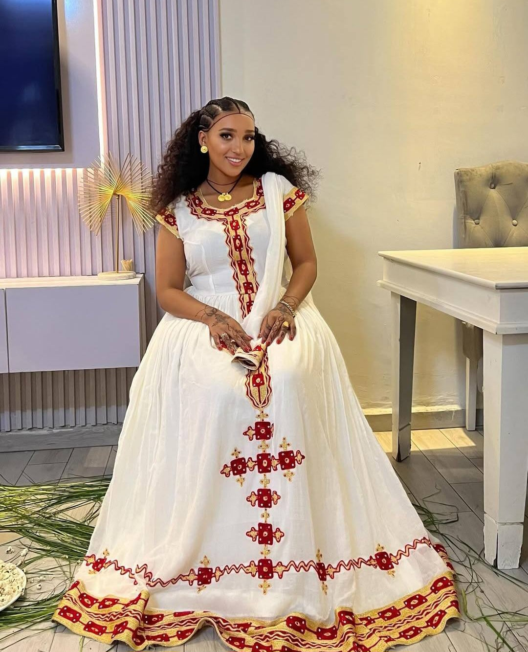 Classic Habesha Kemis with Red Tibeb – Ethiopian Traditional Dress