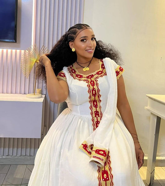 Classic Habesha Kemis with Red Tibeb β Ethiopian Traditional Dress