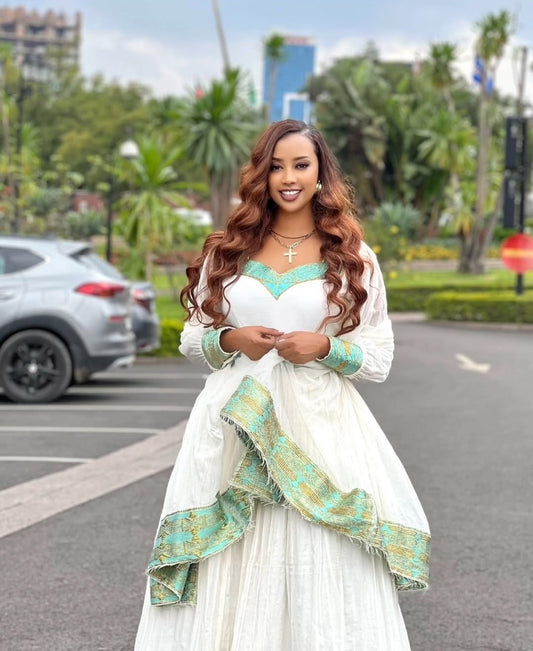 Elegant Ethiopian Dress with Green Tibeb β Classic Habesha Kemis for Women