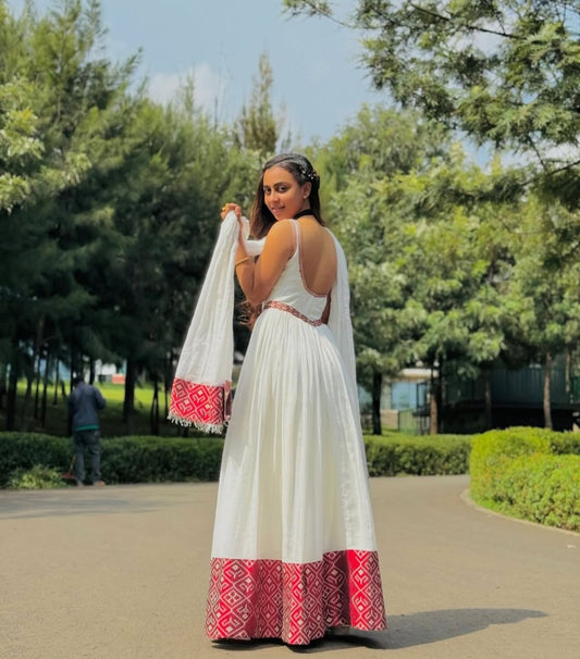Classic Habesha Dress with Rich Red Tibeb β Authentic Ethiopian Dress