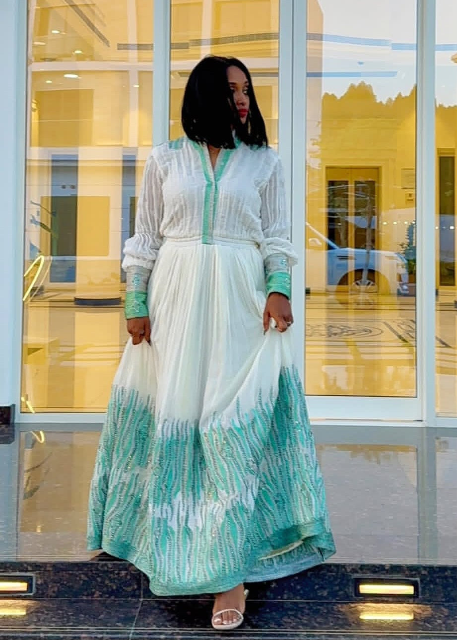 Modern Habesha Dress with blue Waves Tibeb – Stylish Ethiopian Dress