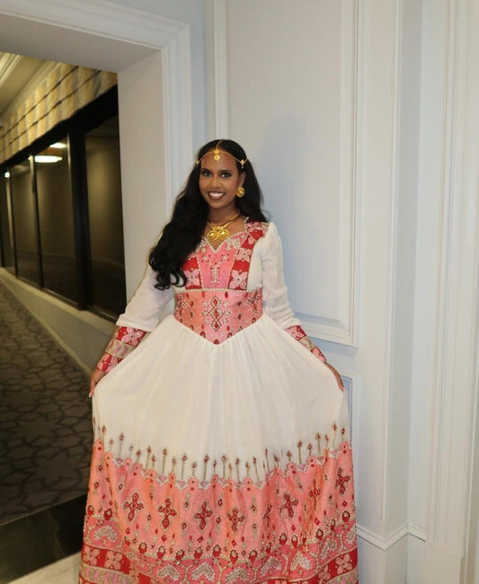 Ethiopian Wedding Dress with Pink Accents β Regal Habesha Dress for Brides