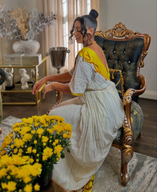 Sunlit Habesha Dress with Yellow Tibeb β Vibrant Ethiopian Dress for New Year