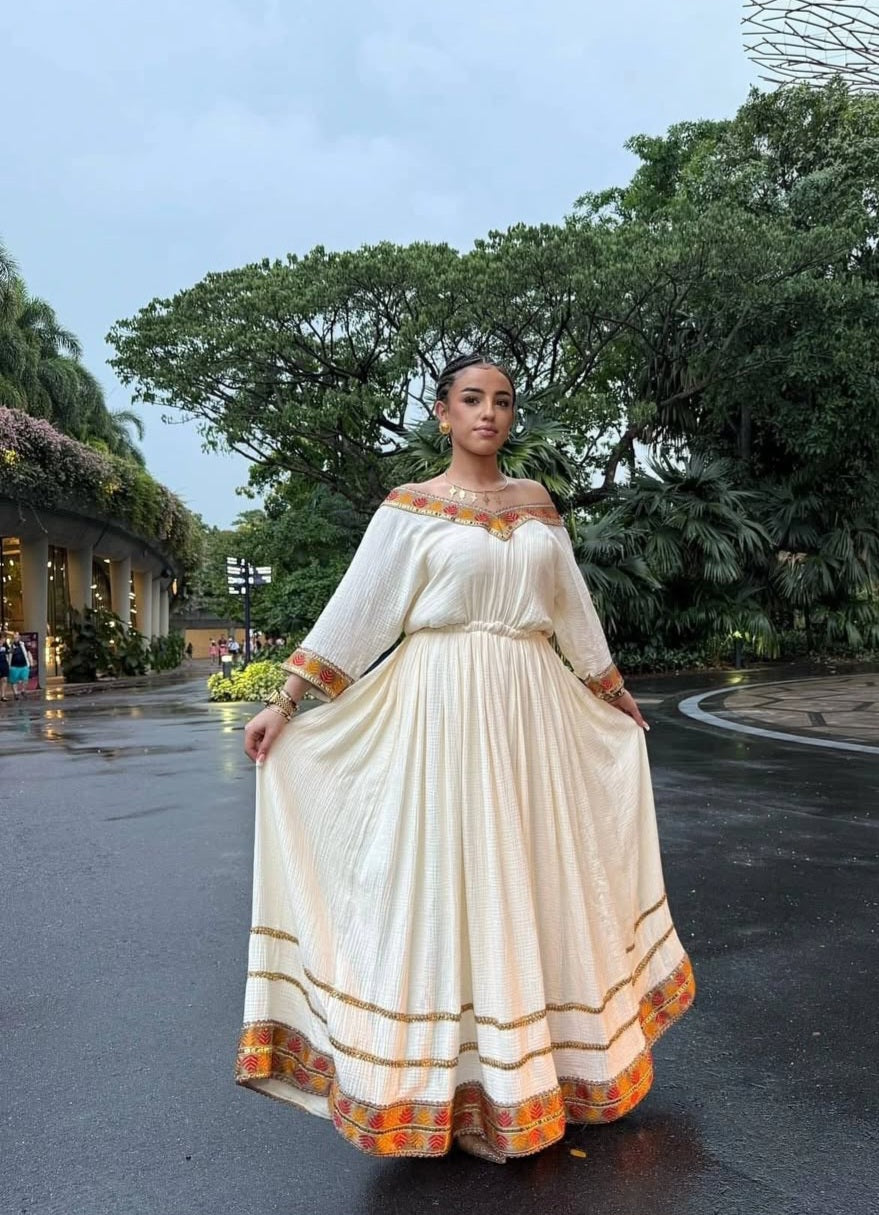 Elegant Habesha Dress with Gold Tibeb – Ethiopian Dress Style