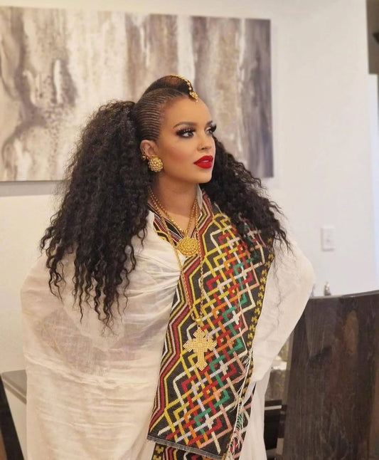 Majestic Habesha Dress with Brown Tibeb β Grand Ethiopian Wedding Dress