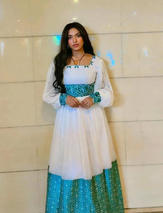 Elegant White & Blue Habesha Dress β Modern Ethiopian Kemis for Events