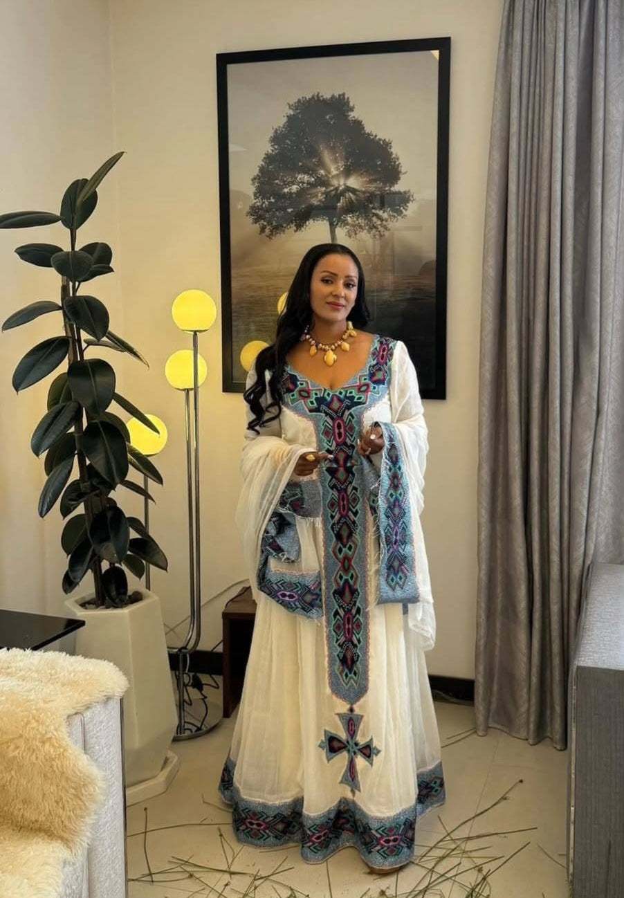 Elegant Habesha Kemis with Blue Tibeb – Ethiopian Modern Dress
