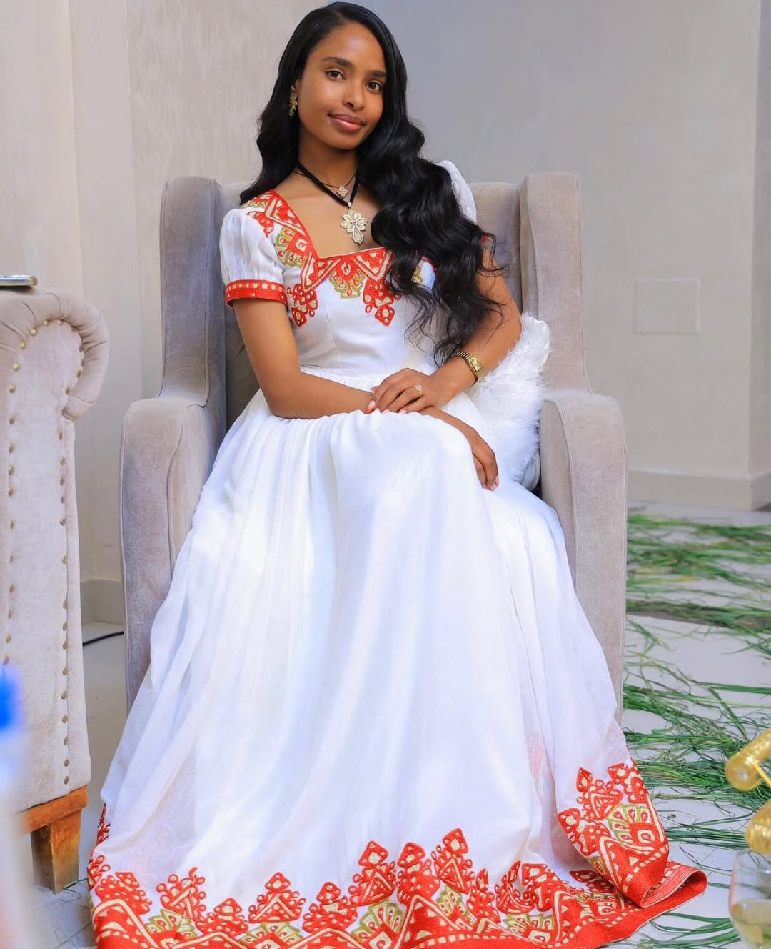 Charming Habesha Dress with Red Tibeb – Ethiopian Traditional Dress