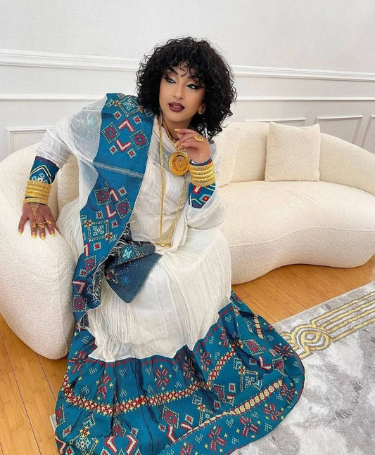 White Ethiopian Dress with Blue Embroidery β Classic Habesha Kemis Style