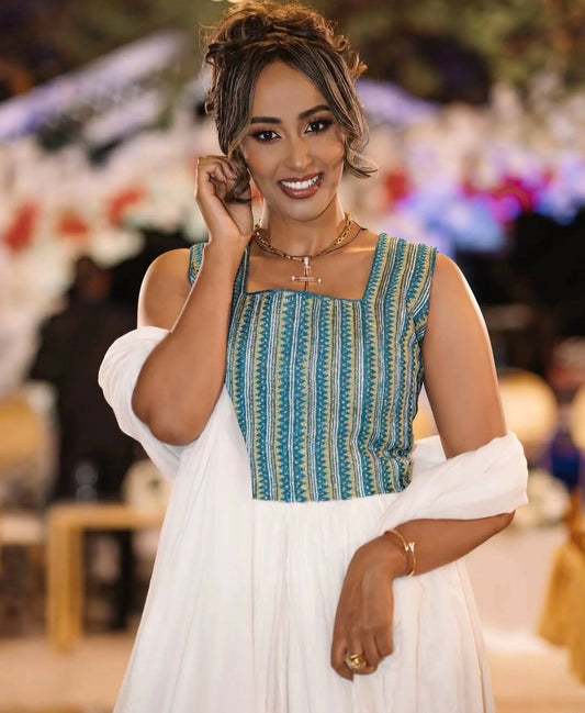 Modern Habesha Dress with Blue Tibeb β Stylish Ethiopian Kemis