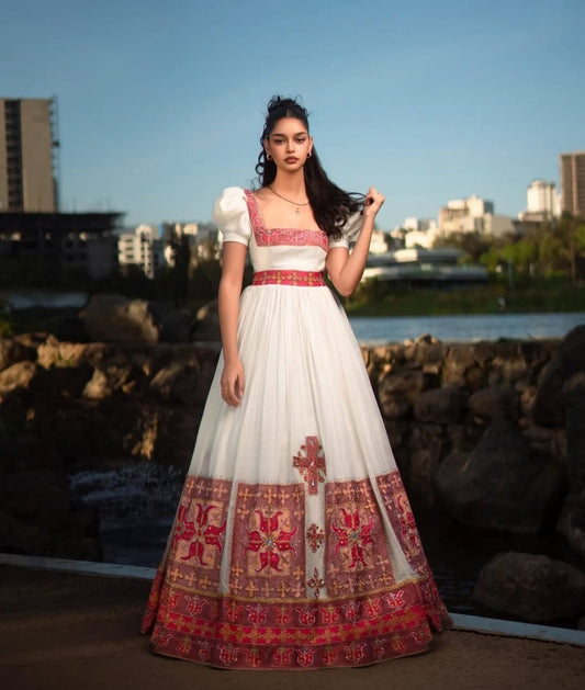 Elegant Ethiopian Wedding Dress with Red Tibeb – Ethiopian Habesha Kemis Style