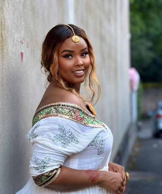 Traditional Ethiopian Dress with Brown Trim β Habesha Kemis