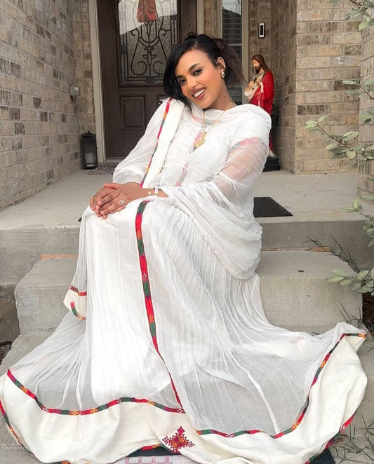White Habesha Dress with Red Tibeb β Ethiopian Traditional Kemis