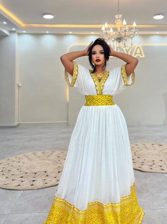 Radiant Habesha Kemis with gold Tibeb β Ethiopian Traditional Dress