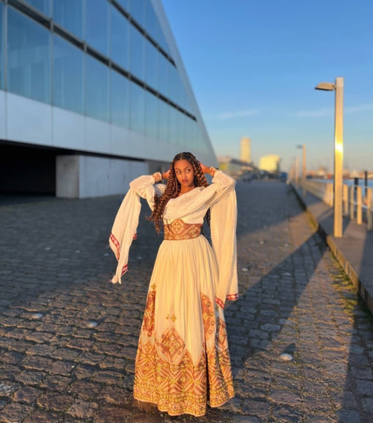 Ethiopian Dress with Golden Patterned Tibeb β classsic Habesha Kemis style