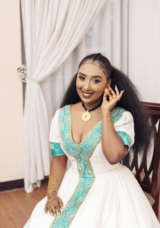 Exquisite Habesha Wedding Dress Green Tibeb β Handwoven Ethiopian Dress