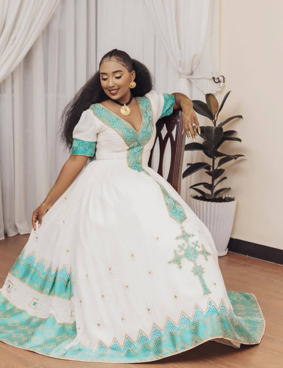 Exquisite Habesha Wedding Dress Green Tibeb – Handwoven Ethiopian Dress